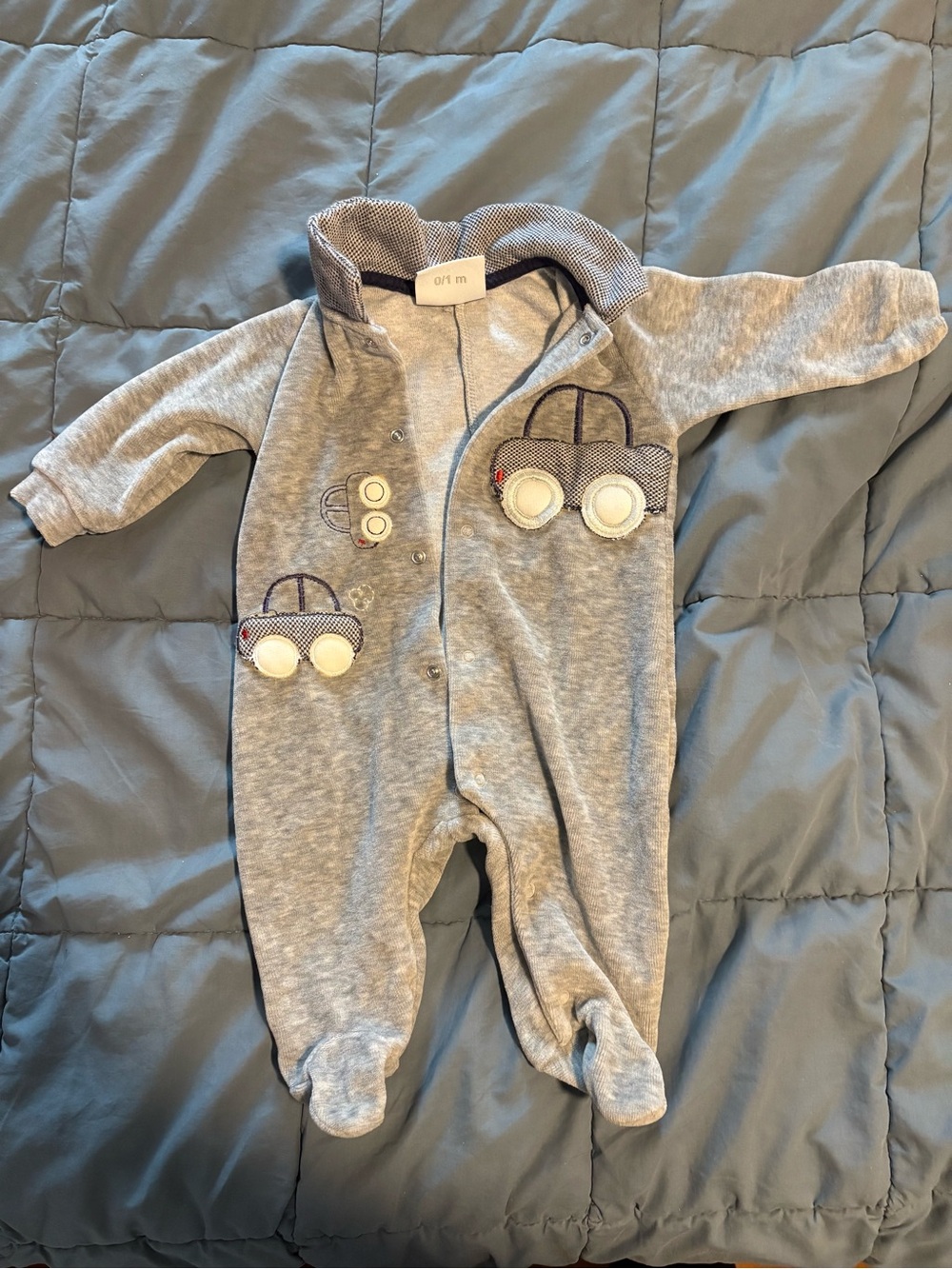 Velour snap baby one piece with car appliqués